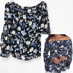 White House Black Market Off The Shoulder Top Floral Blouse Black Size Medium